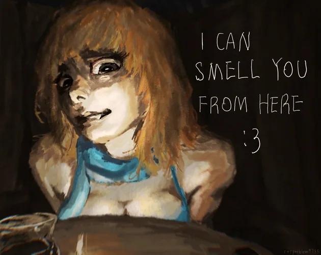 Official cover art: a young woman with orange hair in a teal halter top looks back over her shoulder in a dark restaurant, with the title I Can Smell You from Here written in thin letters beside her.